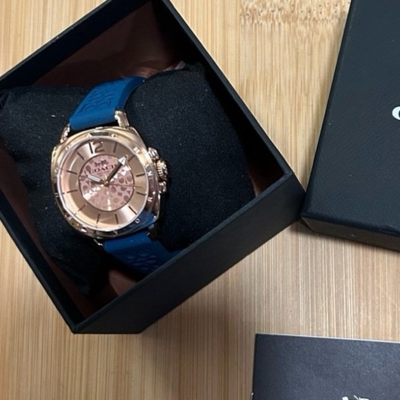 Coach Boyfriend Watch with 34mm Rose Gold Face With Teal Blue Silicone Band - Picture 2 of 5